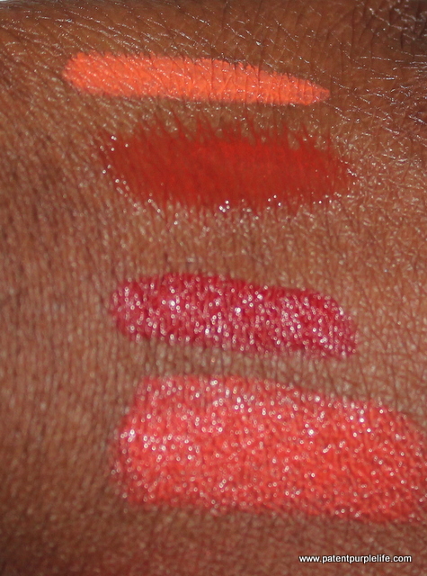 From top to bottom, Sleek lipliner, Revlon lipgloss, NXY Jumbo Pencil and GOSH Lipstick